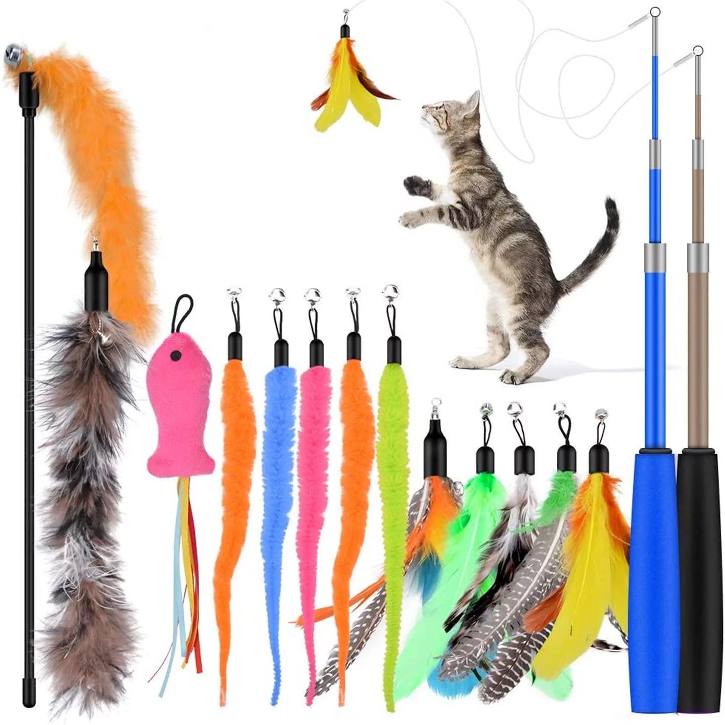 Cat Feather Toys, 2PCS Retractable Cat Wand Toy and 13PCS Replacement Teaser with Bell Refills, Interactive Cat Wand for Kitten Cat Having Fun Playing