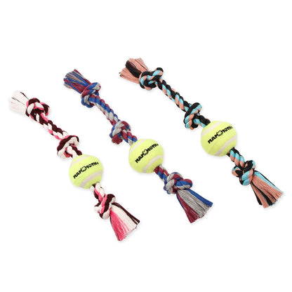 Flossy Chews Cottonblend 3 Knot Tug with 4" Tennis Ball Rope Dog Toy, Large, 24", Assorted Colors