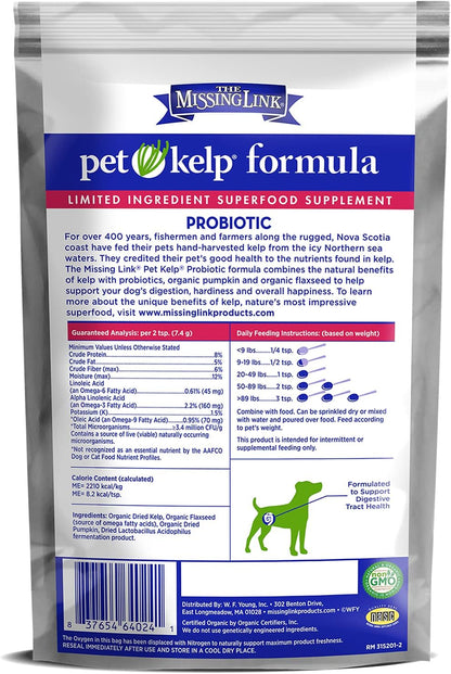 Pet Kelp Probiotic Powder Formula, Organic & Limited Ingredient Superfood Supplement, Kelp, Flaxseed, Pumpkin & Probiotics, Omegas & Probiotics for Digestive Health for Puppy, Adult & Senior Dogs, 8Oz