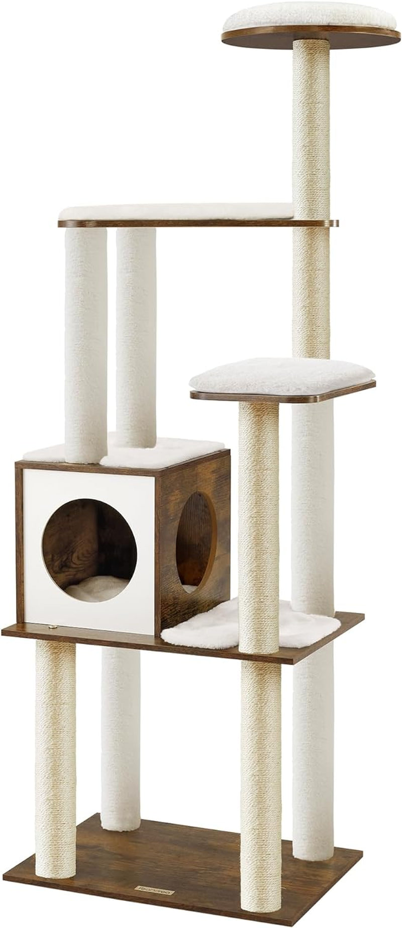 Woodywonders Cat Tree, 65-Inch Modern Cat Tower for Indoor Cats, Multi-Level Cat Condo with 5 Scratching Posts, Perch, Washable Removable Cushions, Cat Furniture, Rustic Brown UPCT166X01