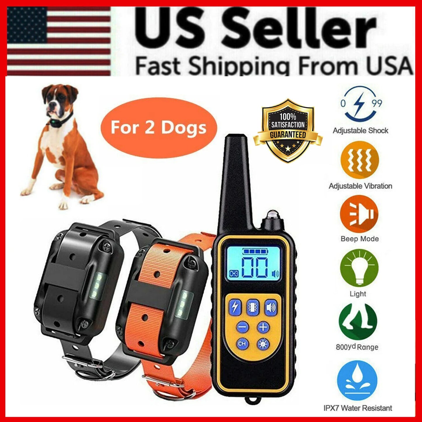 2600 FT Remote Dog Shock Training 2 Collar Set Rechargeable Waterproof LCD Pet