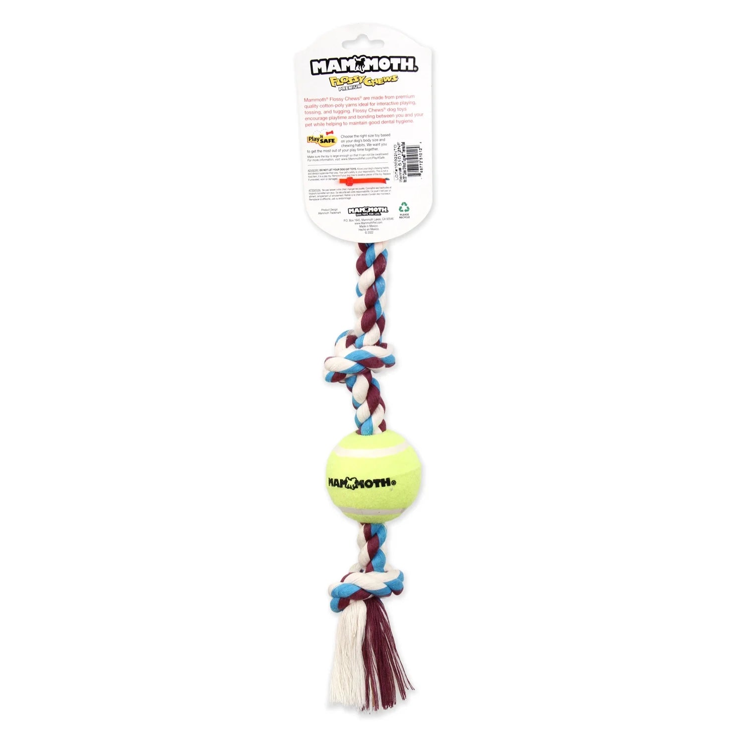 Flossy Chews Cottonblend 3 Knot Tug with 4" Tennis Ball Rope Dog Toy, Large, 24", Assorted Colors